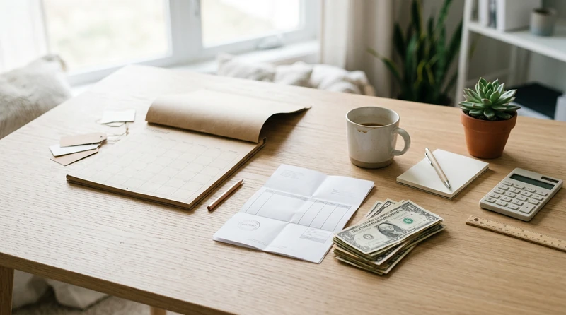 A flat lay of a wall calendar, an invoice, and stack of dollar bills on a wood desk