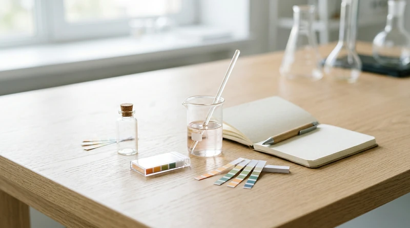 A close-up still life of pH test strips, a beaker, and a small notepad on a clean lab bench