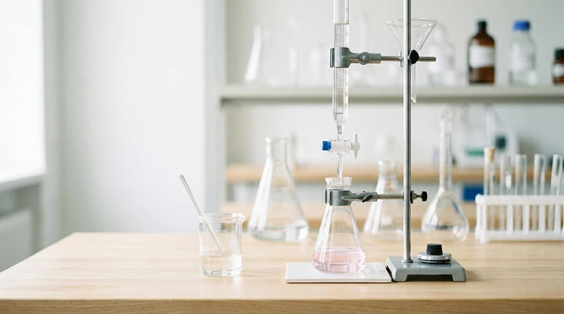 A burette setup with a flask of pale pink solution and clean glassware in a lab