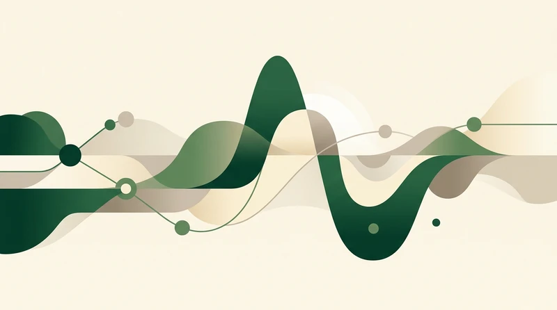 An abstract illustration of an action potential curve with its phases marked, in flat green and cream tones