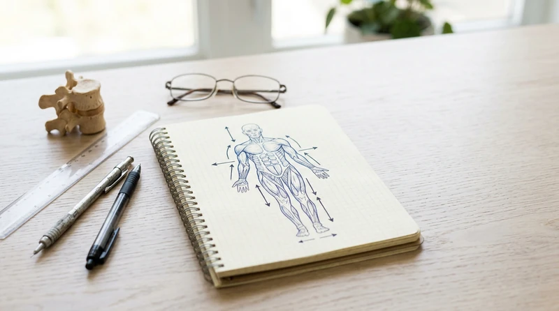 A flat-lay of an anatomy notebook with a hand-drawn body diagram and labeled arrows