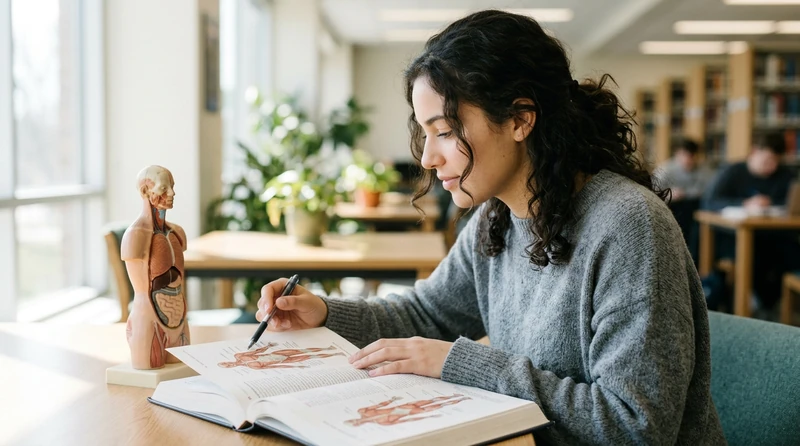 A college student studying anatomy at a bright, relaxed desk