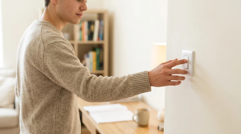 A close-up of a person reaching out to flip a light switch in a softly lit room