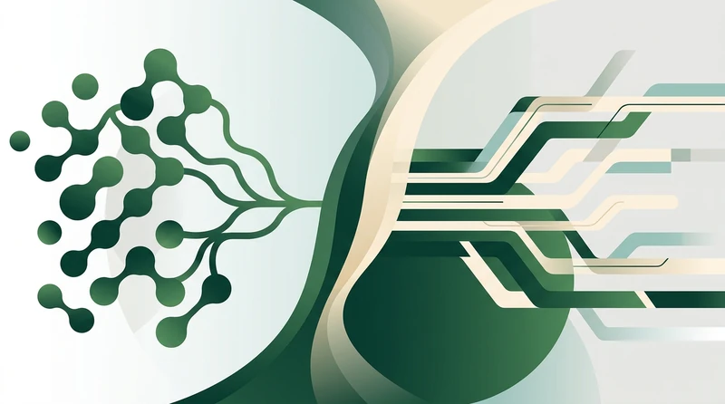 An abstract composition of two contrasting linear patterns in deep green and cream tones