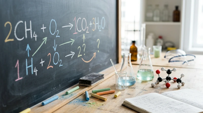 A chalkboard with a half-finished chemical equation and scattered colored chalk