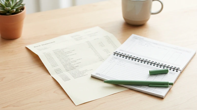 A flat lay of a printed bank statement, a checkbook ledger, and a green pen on a clean desk