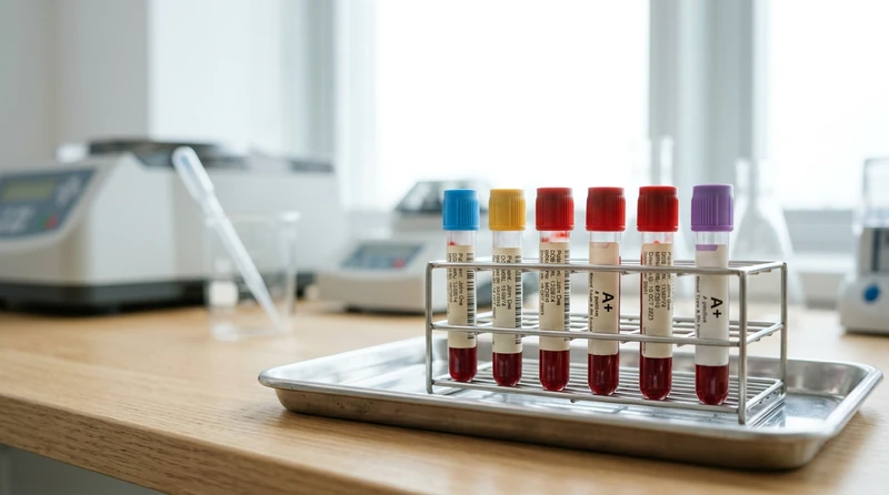 A close-up of labeled blood vials standing on a tray in a clean lab in soft light