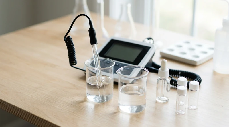 Two clear solutions side by side in a lab with a pH meter probe