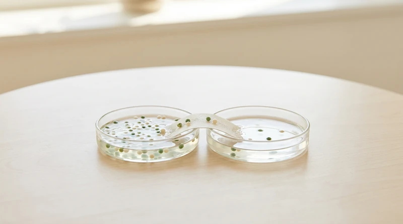 A clean conceptual illustration of an interface separating two regions, with flowing dots in green and cream