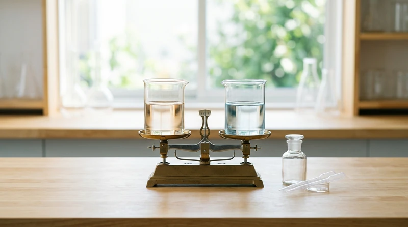 A balanced scale beside two equal beakers of clear liquid on a sunlit lab bench