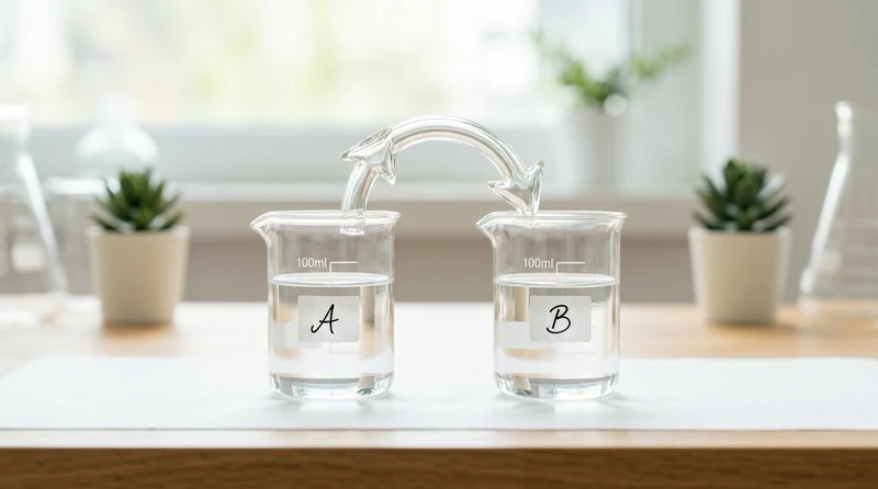 Two clear beakers of equal heights joined by a curved arrow illustration symbolizing forward and reverse reactions
