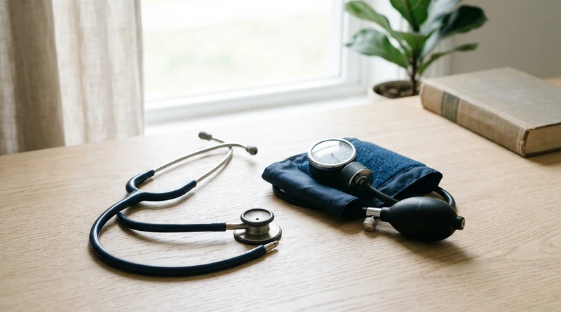 A clean still life of a stethoscope and a blood-pressure cuff on a wooden surface in daylight