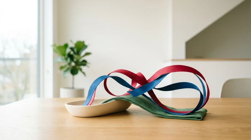 A conceptual illustration of flowing red and blue ribbons in deep green and warm cream