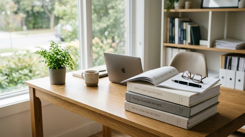 An accountant's office at end of fiscal year with bound year-end reports on a wood table