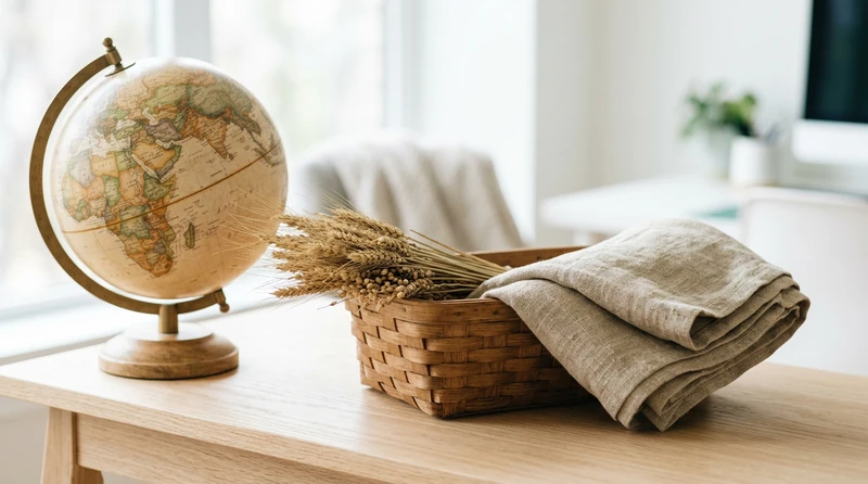 A globe and a wooden basket holding raw wheat and a folded bolt of cloth on a desk
