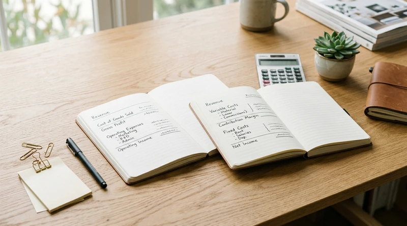 Two income statements side by side, one grouped by function and one by cost behavior