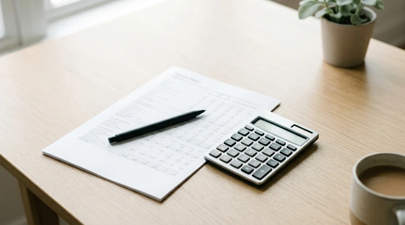 A printed income statement with a calculator and pen on a light desk