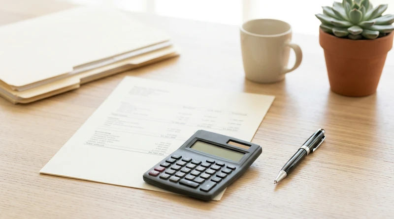 An income statement, a calculator, and a pen on a light wooden desk