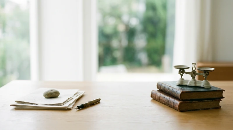 A balance scale resting on a stack of books by a sunlit window