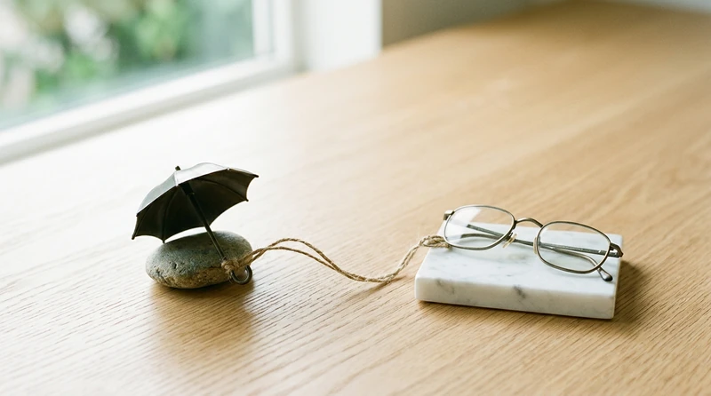 Two objects connected by a string on a clean surface, suggesting a questioned link
