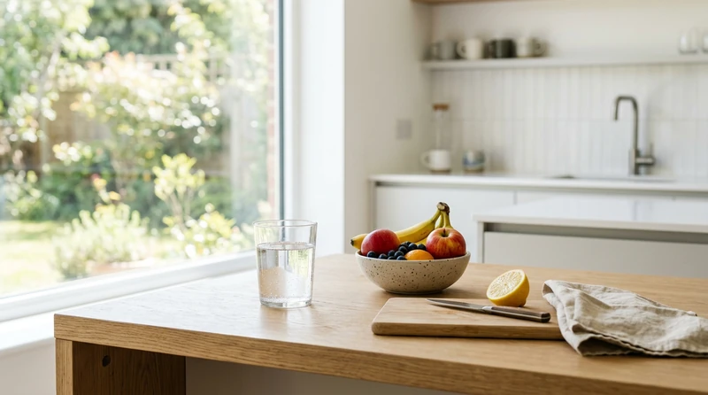 A bright kitchen counter with a glass of water and fresh fruit, calm morning light