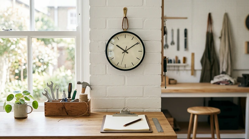 A workshop clock on a wall above a workbench with tools and a clipboard