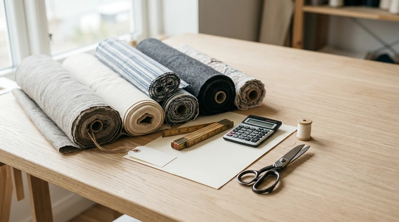 A flat lay of fabric rolls beside a price tag, a tape measure, and a calculator on a wood desk