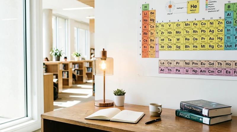 A bright periodic table poster on a study wall with a desk lamp