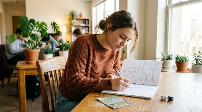 A lottery ticket beside a pair of dice and a notebook of expected-value calculations on a wooden desk