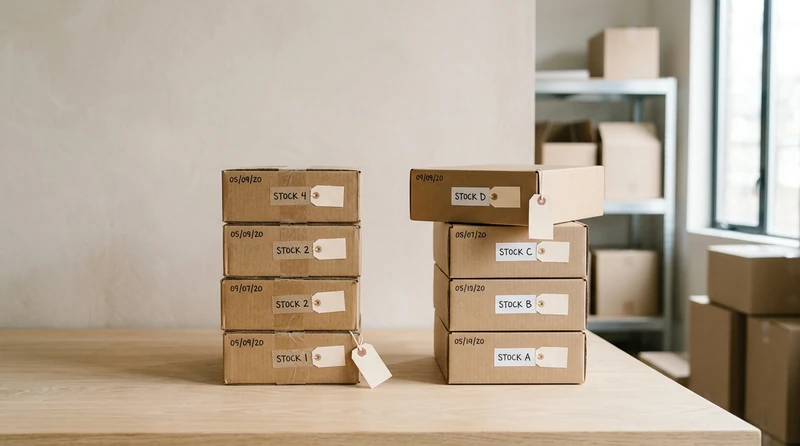 Two stacks of labeled inventory boxes, one drawn from the top and one from the bottom