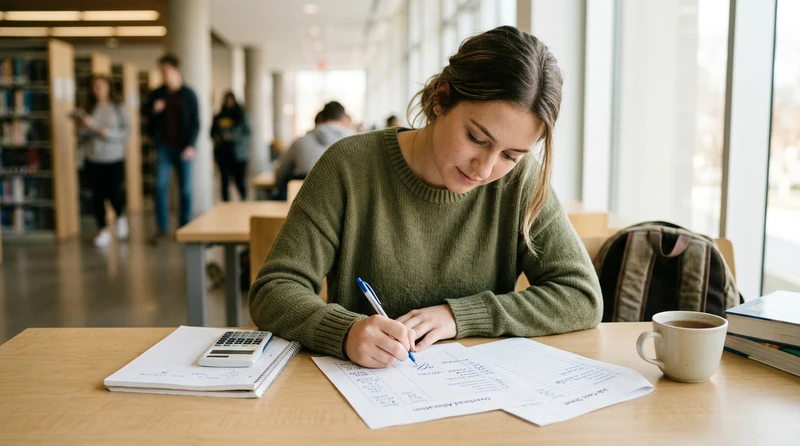 A student reviewing accounting worksheets and correcting figures at a desk