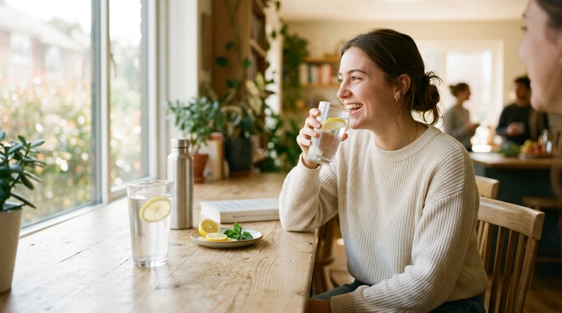 A close-up of a glass of water with a slice of lemon on a sunlit counter, hydration mood