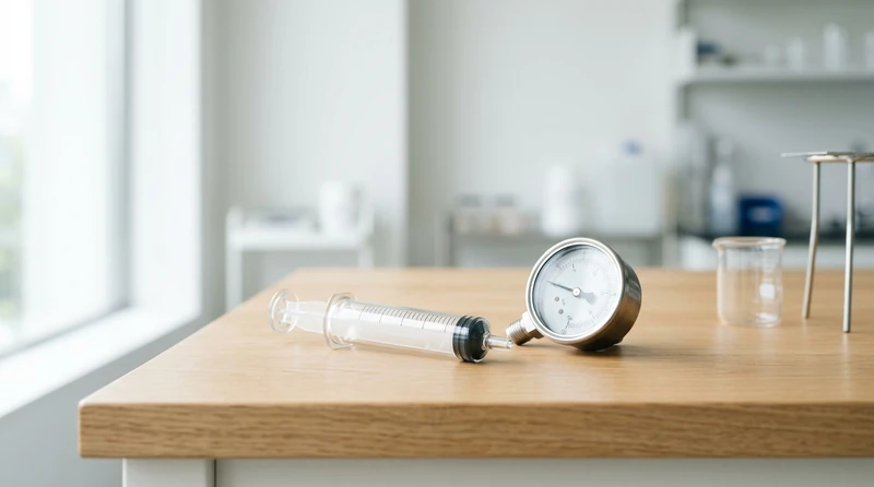 A sealed glass syringe and a pressure gauge on a clean lab bench