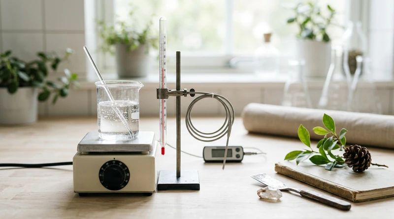 A clean lab thermometer beside a beaker over a heat plate with a temperature dial
