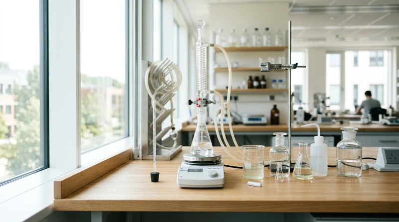 A bright thermodynamics lab interior with a steady temperature dial and clean glassware