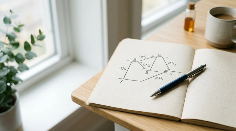 A pen lying across a chemistry notebook with a stepped energy diagram