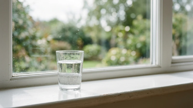 A minimal close-up of a clear glass of water on a windowsill in bright daylight