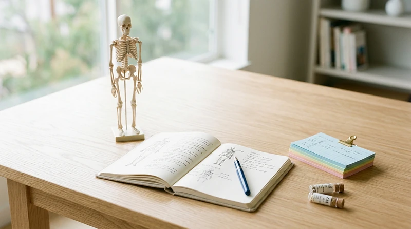 A study desk with a small anatomical skeleton model, color-coded flashcards, and an open notebook