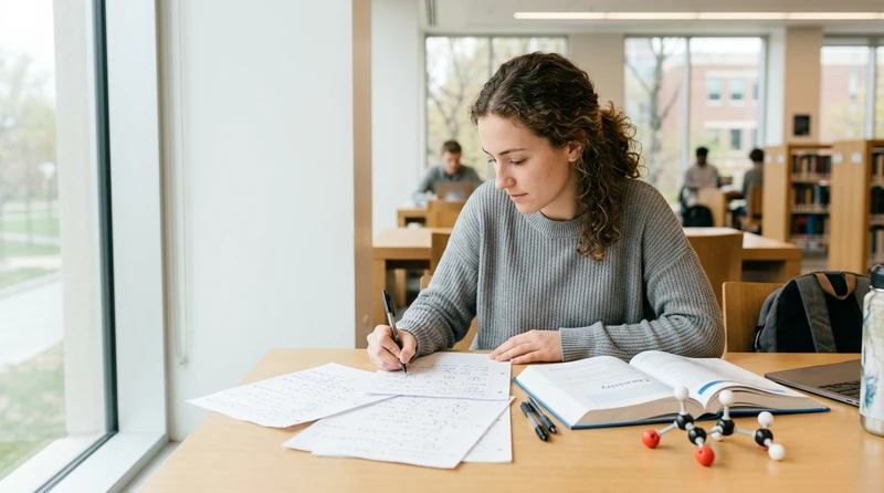 A college student working through chemistry problems at a desk with scratch paper