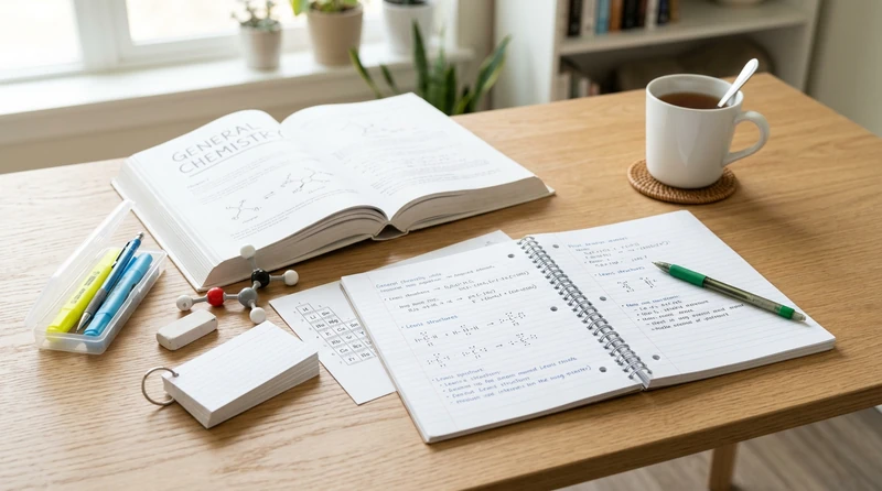 A student working through chemistry problems at a desk with scratch paper