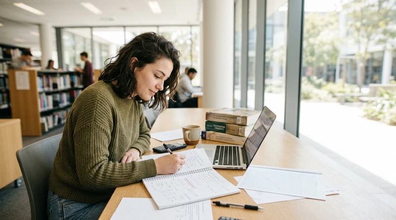 A college student studying accounting at a library desk with notes and a laptop