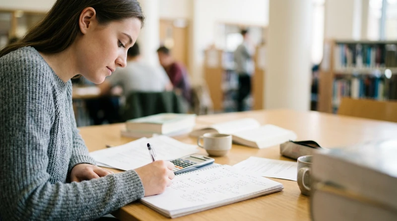 An open notebook with worked problems and a calculator on a study desk