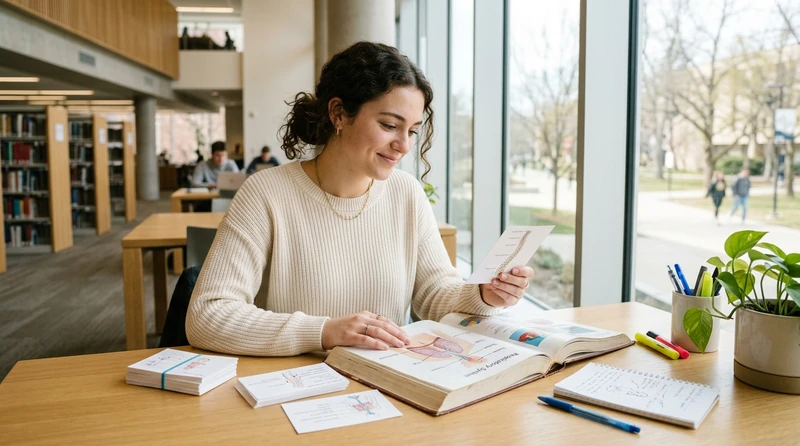 A college student at a tidy desk with anatomy flashcards and a labeled diagram