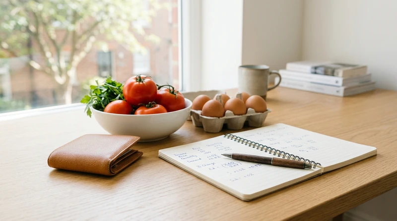 A simple desk scene with two grocery items, a wallet, and a notepad with hand-written percentages