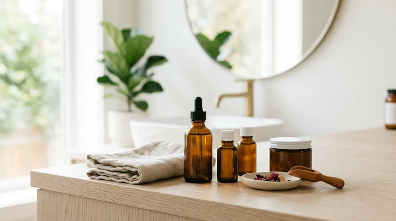A clean still life of natural skincare bottles and a soft cloth on a sunlit countertop
