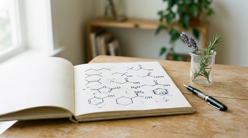 A hand-drawn page of skeletal formulas of common organic molecules