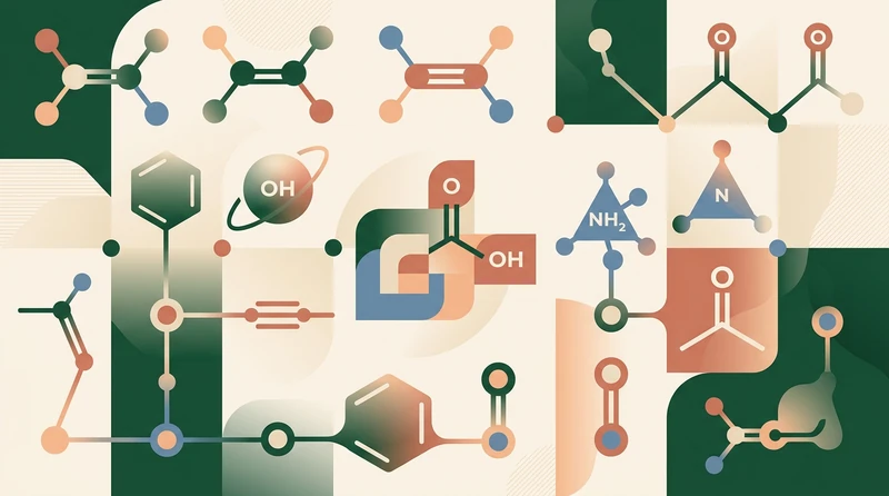 An abstract editorial pattern of colorful skeletal organic structures arranged in a grid
