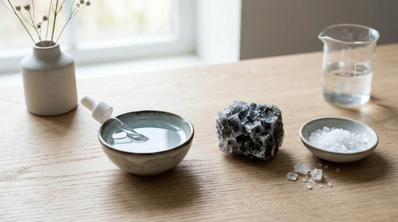 Coarse salt crystals beside a small dish of water on a clean surface