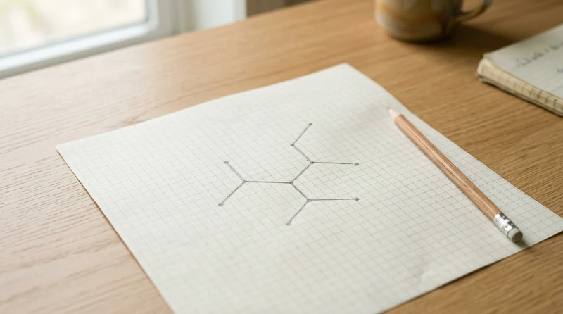 A skeletal alkane structure drawn carefully in pencil on graph paper