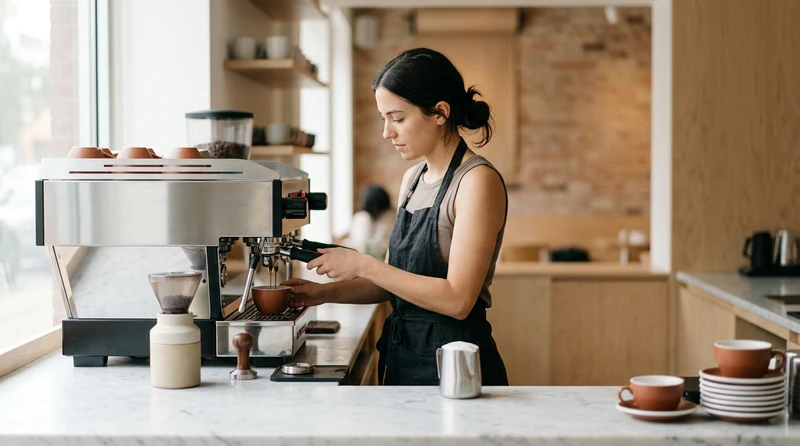 A simple coffee-shop counter with one barista at work behind the espresso machine